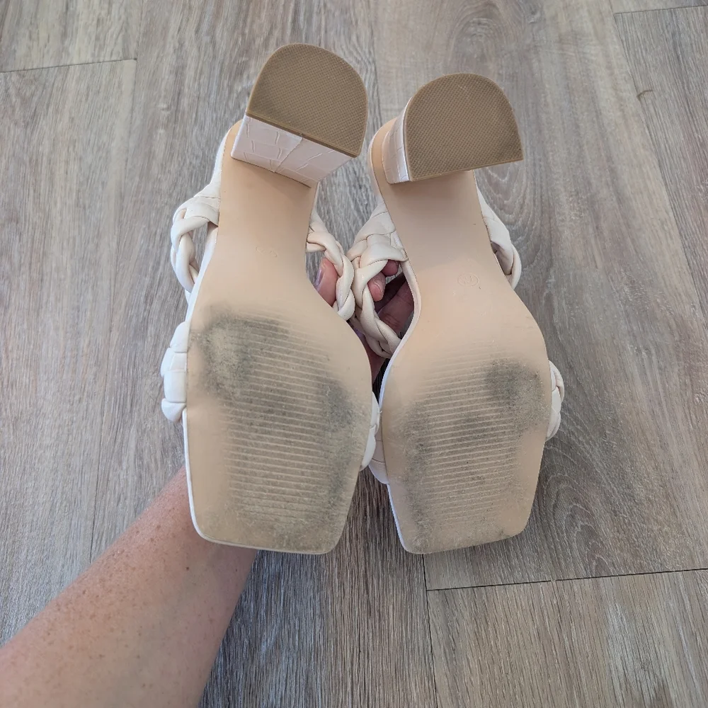 Women's Braided Heeled Sandals Backless Square Open Toe Block Slide Sandals - Picture 5 of 5